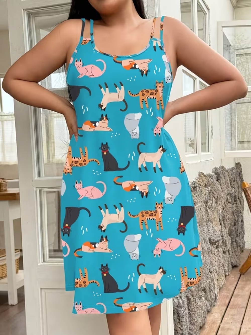 Lake Blue Cat Print Sleep Dress Nightgown Pajama 3XL